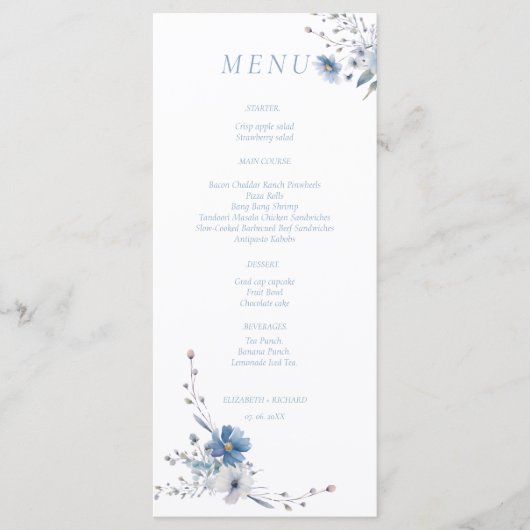 Waterverf Dusty Blue Floral Spring bloom Wedding Menu (Voorkant)