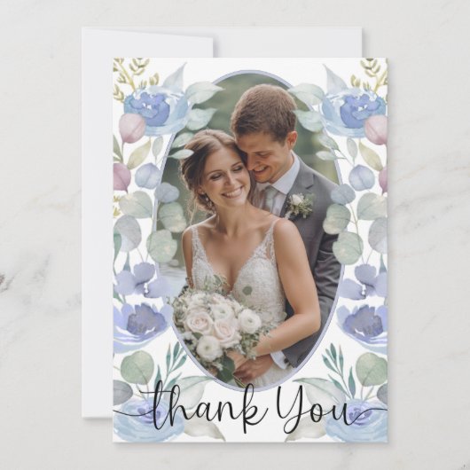 Waterverf Dusty Blue Floral Wedding Bedankt (Voorkant)