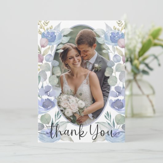 Waterverf Dusty Blue Floral Wedding Bedankt (Staand voorkant)