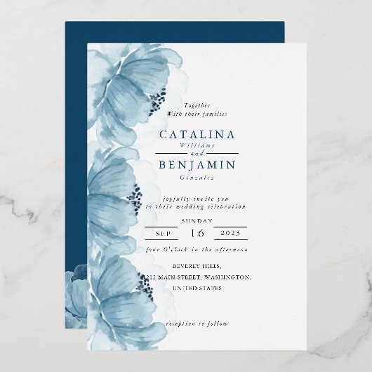 Waterverf Dusty Blue Floral Wedding Folie Invitat Uitnodiging (Voorkant / Achterkant)