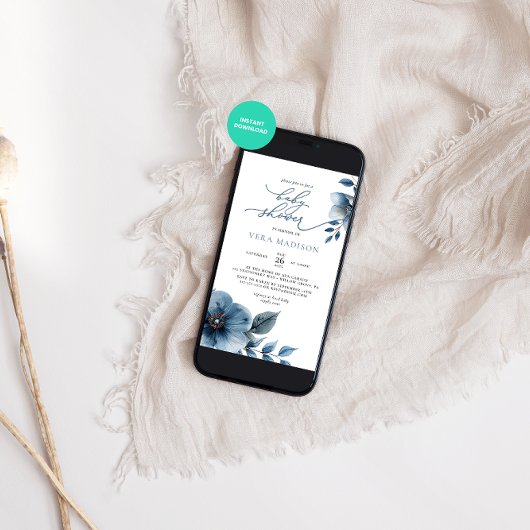 Waterverf Dusty Blue Floral Winter Baby shower Kaart