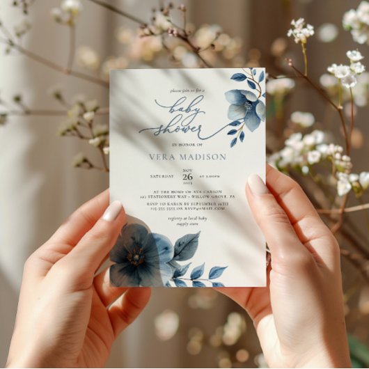 Waterverf Dusty Blue Floral Winter Baby shower Kaart