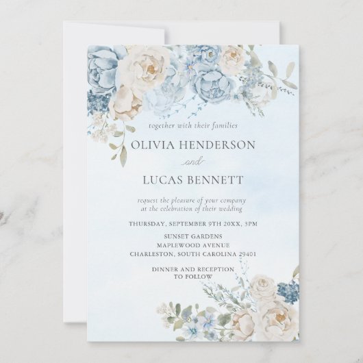 Waterverf Dusty Blue Flowers Rozen Wedding Kaart (Voorkant)