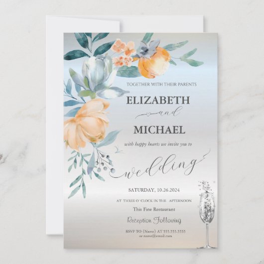 Waterverf Dusty Blue Flowers Wijnglas Zilver Kaart (Voorkant)