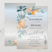 Waterverf Dusty Blue Flowers Wijnglas Zilver Kaart (Voorkant / Achterkant)