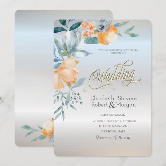 Waterverf Dusty Blue Flowers Zilveren Bruiloft Kaart (Voorkant / Achterkant)