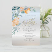 Waterverf Dusty Blue Flowers Zilveren Bruiloft Kaart (Staand voorkant)