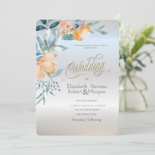 Waterverf Dusty Blue Flowers Zilveren Bruiloft Kaart (Staand voorkant)