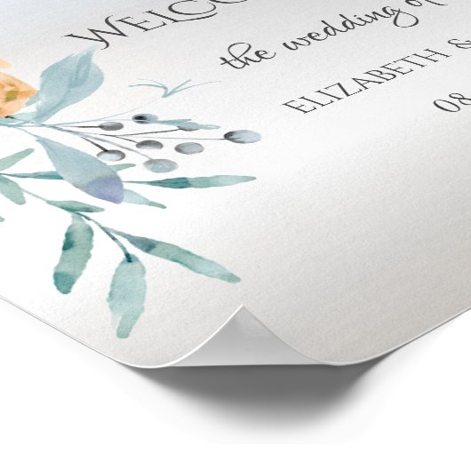 Waterverf Dusty Blue Flowers Zilveren Bruiloft Poster (Hoek)