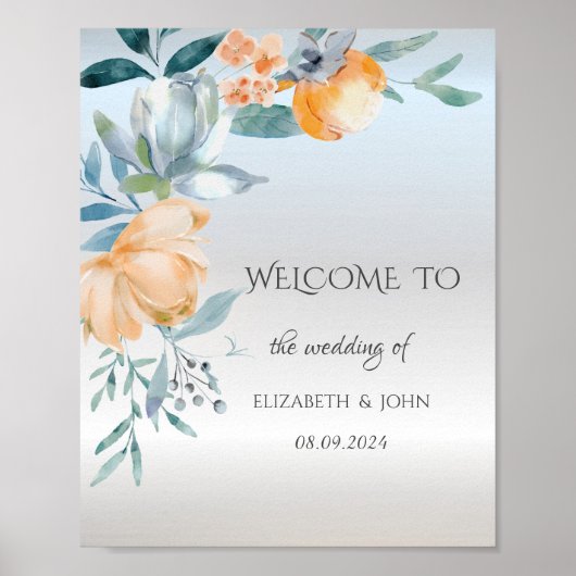 Waterverf Dusty Blue Flowers Zilveren Bruiloft Poster