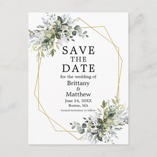 Waterverf Dusty Blue Greenery Bewaar de datum Briefkaart (Voorkant)