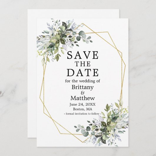 Waterverf Dusty Blue Greenery Geometric Lijst Save The Date (Voorkant / Achterkant)