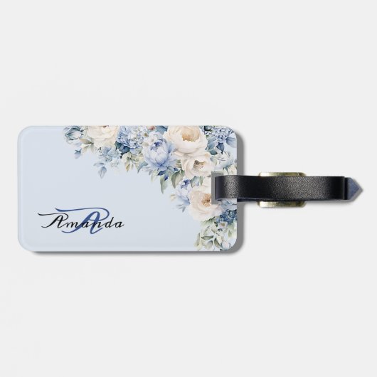 Waterverf Dusty Blue Ivory Flowers Bagagelabel (Achterkant horizontaal)