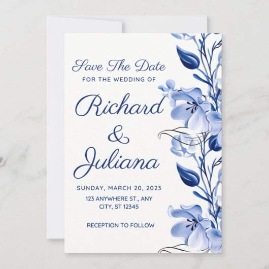 waterverf dusty blue marvy blue bruiloft kaart (Voorkant)