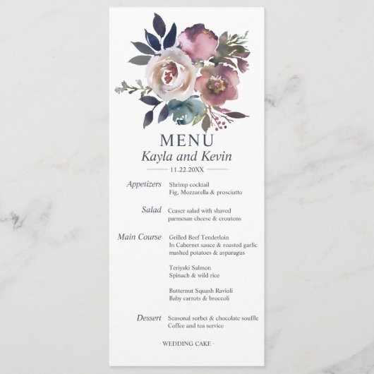 Waterverf Dusty Blue Mauve Floral Wedding MENU (Voorkant)