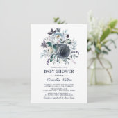 Waterverf Dusty Blue Navy Floral Baby shower Kaart (Staand voorkant)