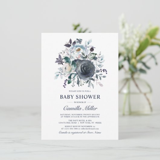 Waterverf Dusty Blue Navy Floral Baby shower Kaart (Staand voorkant)