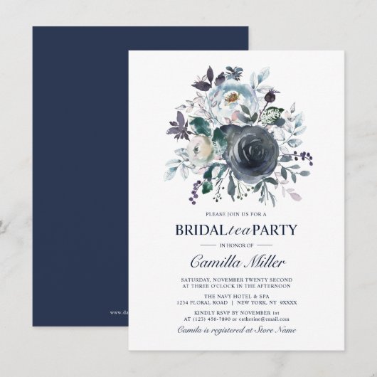 Waterverf-Dusty Blue Navy Floral Bridal Tea Party Kaart (Voorkant / Achterkant)