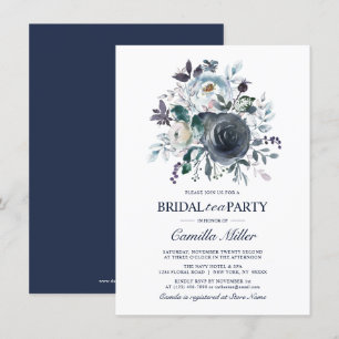Waterverf-Dusty Blue Navy Floral Bridal Tea Party Kaart