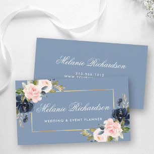 Waterverf Dusty Blue Pink Blush Bloemen Goud Visitekaartje