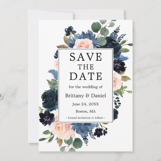 Waterverf Dusty Blue Pink Blush Floral Lijst Save The Date (Voorkant)