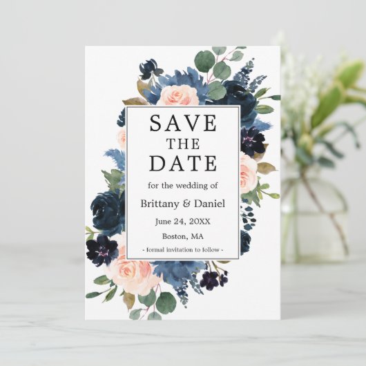 Waterverf Dusty Blue Pink Blush Floral Lijst Save The Date (Staand voorkant)