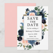Waterverf Dusty Blue Pink Blush Floral Lijst Save The Date (Voorkant / Achterkant)