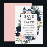 Waterverf Dusty Blue Pink Blush Floral Lijst Save The Date<br><div class="desc">Moderne Elegant Waterverf Dusty Blue en Pink Blush Floral Lijst Wedding Save The Date Verloving Announcement Kaart bevat roze rozen,  blauwe rozen,  blauwe bloemen,  eucalyptusbladeren en botanische groen. Roze terug.</div>