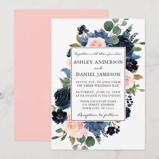 Waterverf Dusty Blue Pink Blush Floral Wedding Kaart (Voorkant / Achterkant)