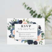 Waterverf Dusty Blue Pink Blush Floral Wedding RSVP Kaartje (Staand voorkant)