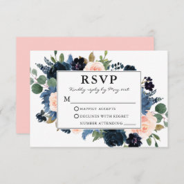 Waterverf Dusty Blue Pink Blush Floral Wedding RSVP Kaartje