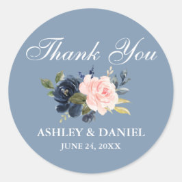 Waterverf Dusty Blue Pink Floral Hartelijk dank Ronde Sticker