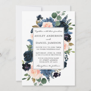 Waterverf Dusty Blue Pink Floral Lijst Wedding Kaart