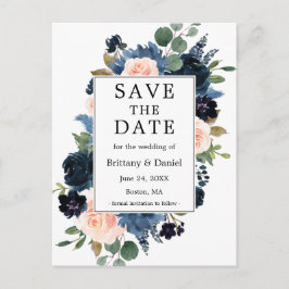 Waterverf Dusty Blue Pink Floral Save the Date Aankondigingskaart