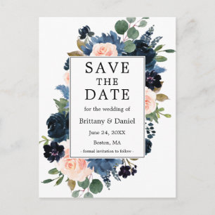 Waterverf Dusty Blue Pink Floral Save the Date Aankondigingskaart