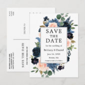 Waterverf Dusty Blue Pink Floral Save the Date Aankondigingskaart (Voorkant / Achterkant)