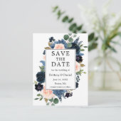 Waterverf Dusty Blue Pink Floral Save the Date Aankondigingskaart (Staand voorkant)