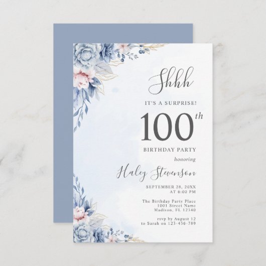 Waterverf Dusty Blue Surprise 100e Verjaardag Kaart (Voorkant / Achterkant)