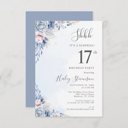Waterverf Dusty Blue Surprise 17e verjaardagsfeest Kaart (Voorkant / Achterkant)