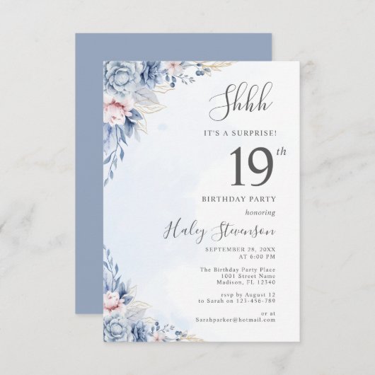 Waterverf Dusty Blue Surprise 19e verjaardagsfeest Kaart (Voorkant / Achterkant)