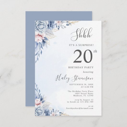 Waterverf Dusty Blue Surprise 20e verjaardagsfeest Kaart (Voorkant / Achterkant)
