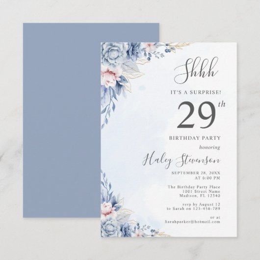 Waterverf Dusty Blue Surprise 29ste verjaardagsfee Kaart (Voorkant / Achterkant)