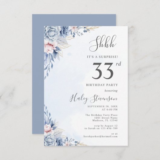 Waterverf Dusty Blue Surprise 33ste verjaardagsfee Kaart (Voorkant / Achterkant)