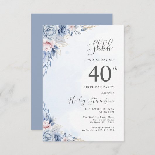 Waterverf Dusty Blue Surprise 40ste verjaardagsfee Kaart (Voorkant / Achterkant)