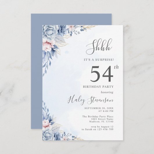 Waterverf Dusty Blue Surprise 54ste verjaardagsfee Kaart (Voorkant / Achterkant)