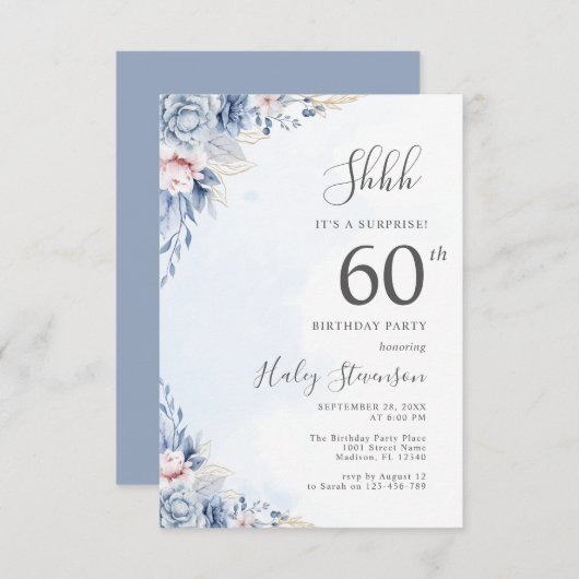 Waterverf Dusty Blue Surprise 60ste verjaardagsfee Kaart (Voorkant / Achterkant)