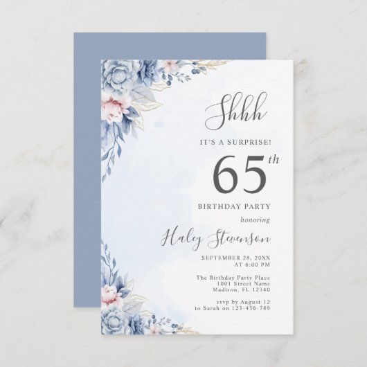 Waterverf Dusty Blue Surprise 65ste verjaardagsfee Kaart (Voorkant / Achterkant)