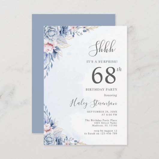 Waterverf Dusty Blue Surprise 68ste verjaardagsfee Kaart (Voorkant / Achterkant)