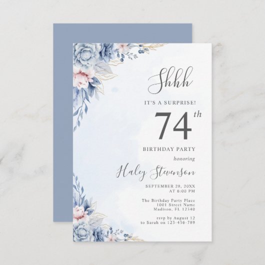 Waterverf Dusty Blue Surprise 74ste verjaardagsfee Kaart (Voorkant / Achterkant)