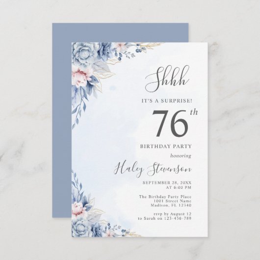 Waterverf Dusty Blue Surprise 76e verjaardagsfeest Kaart (Voorkant / Achterkant)